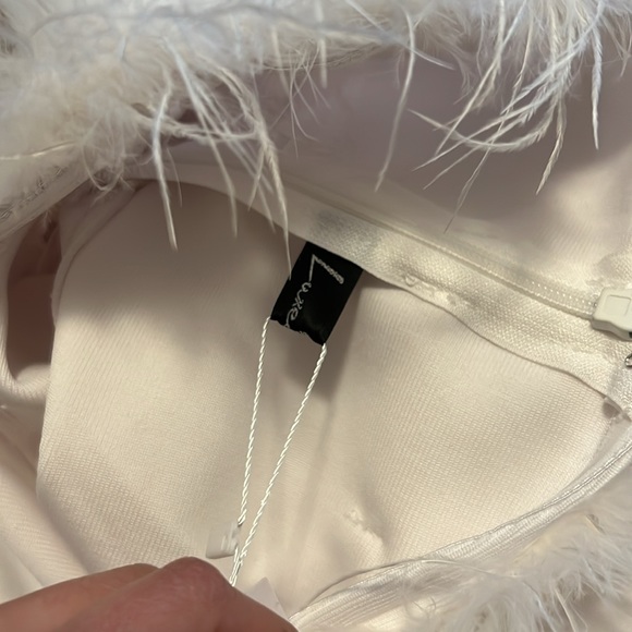 UNIQUE FEATHER TRIM STRAPLESS WIDE LEG JUMPSUIT - WHITE - Picture 9 of 11